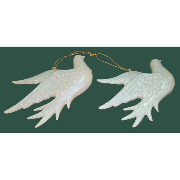 Vintage White Glitter Dove Hanging Ornaments Set Of 2 Gold Strings - Picture 2 of 9